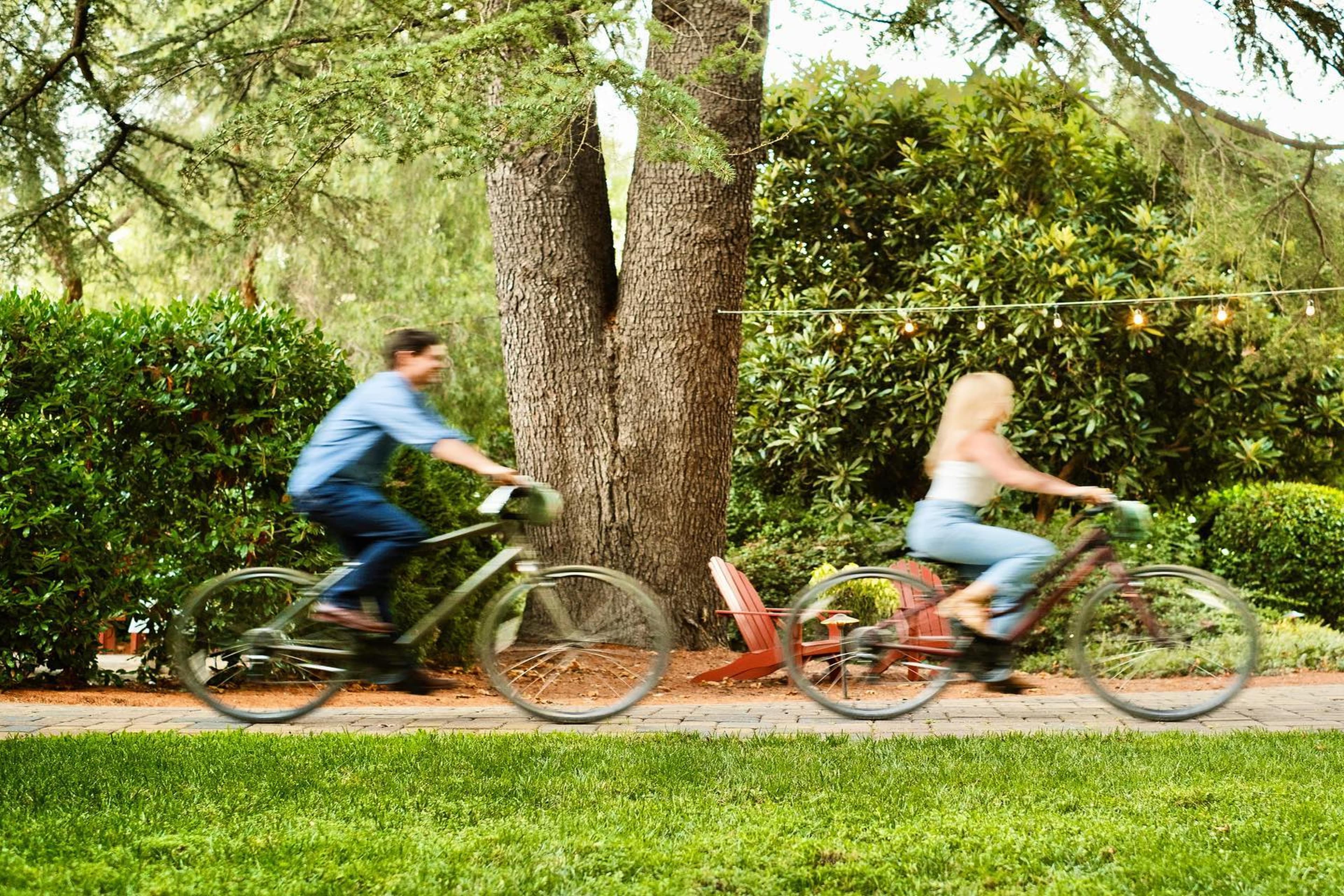 Two people riding bicycles on a garden path, blurred in motion.